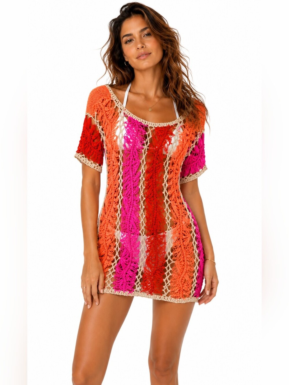 Fever Handmade Crochet Multicolor Beach Cover-Up Tunic XL tropical vacation